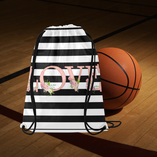 Black and White Stripes, Pink LOVE word, Pink Lilac Flowers Medium Drawstring Bag Model 1604 (Twin Sides) 13.8"(W) * 18.1"(H)