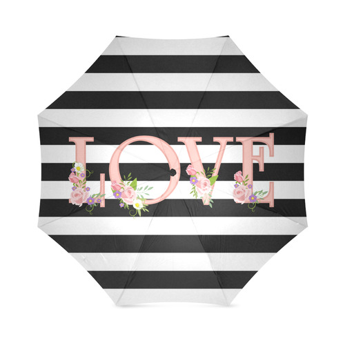 Black and White Stripes, Pink LOVE word, Pink Lilac Flowers Foldable Umbrella (Model U01)