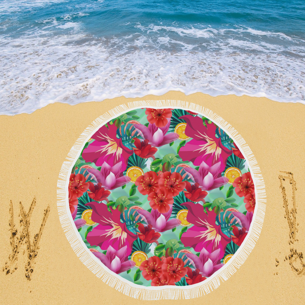TropicalSummer Flower And Fruit Pattern Circular Beach Shawl 59"x 59"