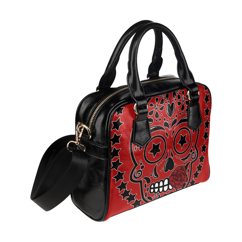 Sugar Skull Red Rose Black Shoulder Handbag (Model 1634)