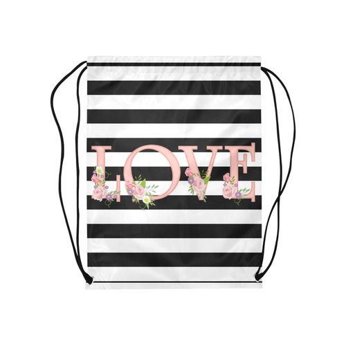 Black and White Stripes, Pink LOVE word, Pink Lilac Flowers Medium Drawstring Bag Model 1604 (Twin Sides) 13.8"(W) * 18.1"(H)