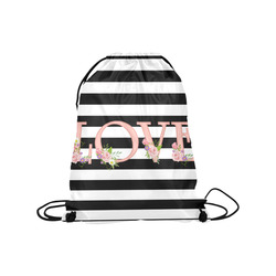 Black and White Stripes, Pink LOVE word, Pink Lilac Flowers Medium Drawstring Bag Model 1604 (Twin Sides) 13.8"(W) * 18.1"(H)