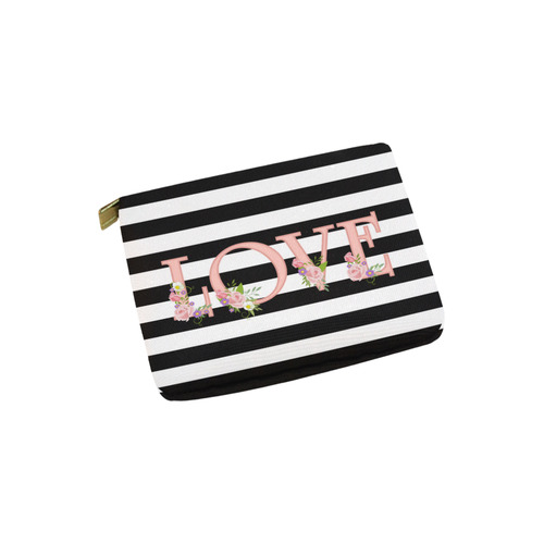 Black and White Stripes, Pink LOVE word, Pink Lilac Flowers Carry-All Pouch 6''x5''