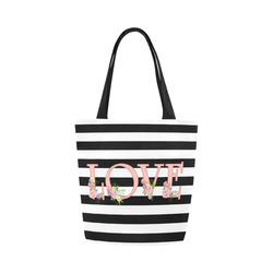 Black and White Stripes, Pink LOVE word, Pink Lilac Flowers Canvas Tote Bag (Model 1657)
