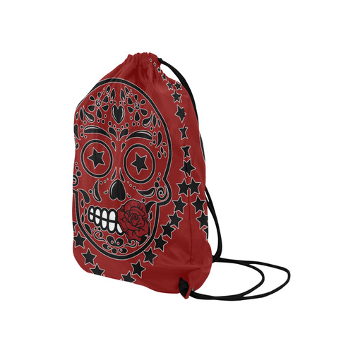 Sugar Skull Red Rose Black Medium Drawstring Bag Model 1604 (Twin Sides) 13.8"(W) * 18.1"(H)