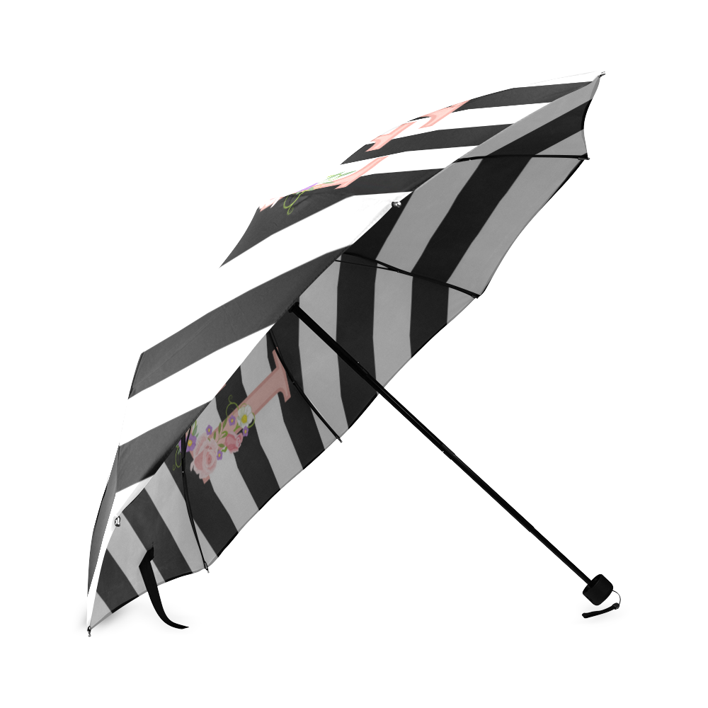 Black and White Stripes, Pink LOVE word, Pink Lilac Flowers Foldable Umbrella (Model U01)