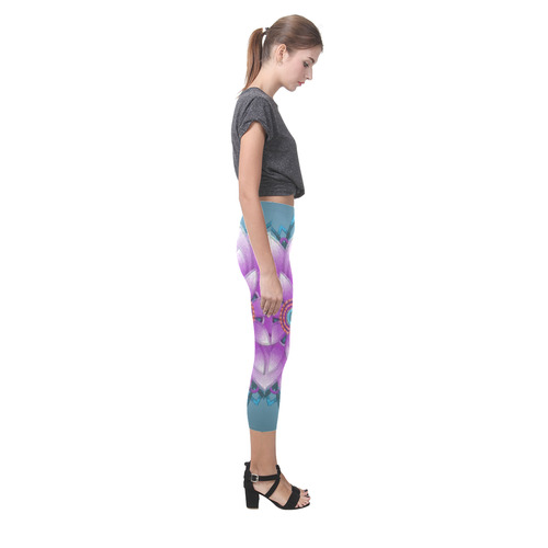 Pink - Purple Ornament Flower, Faux Stitch Capri Legging (Model L02)