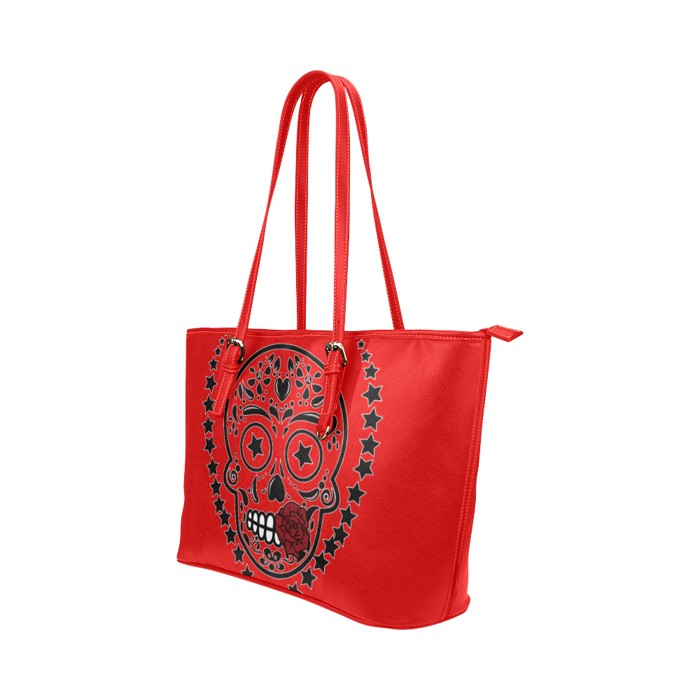 Sugar Skull Red Rose Black Leather Tote Bag/Large (Model 1651)