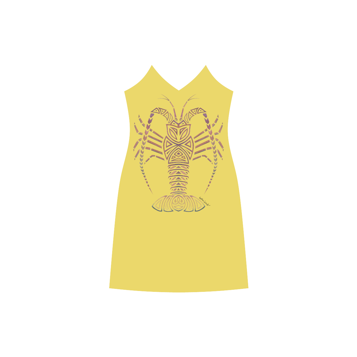 Tribal Lobster on Lemon V-Neck Open Fork Long Dress(Model D18)
