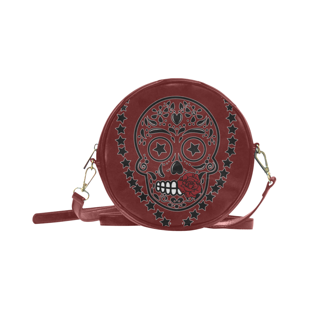 Sugar Skull Red Rose Black Round Sling Bag (Model 1647)