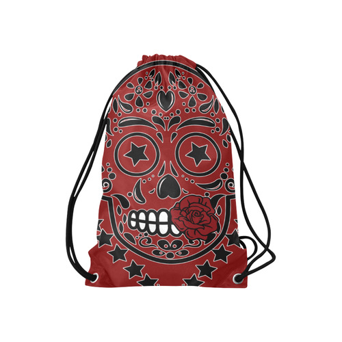 Sugar Skull Red Rose Black Small Drawstring Bag Model 1604 (Twin Sides) 11"(W) * 17.7"(H)
