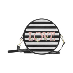 Black and White Stripes, Pink LOVE word, Pink Lilac Flowers Round Sling Bag (Model 1647)