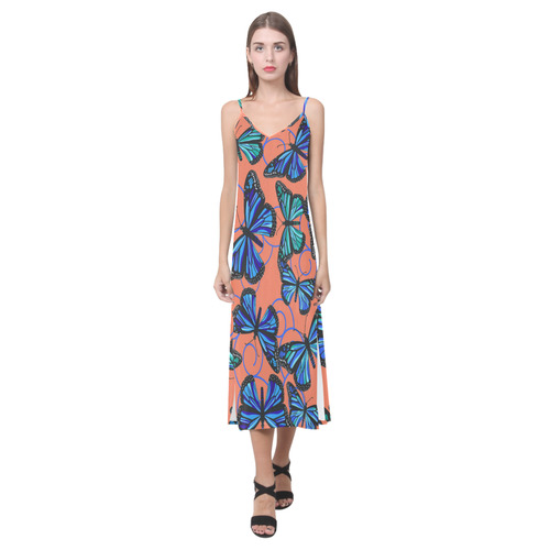 Butterfly Blues on Sorbet V-Neck Open Fork Long Dress(Model D18)