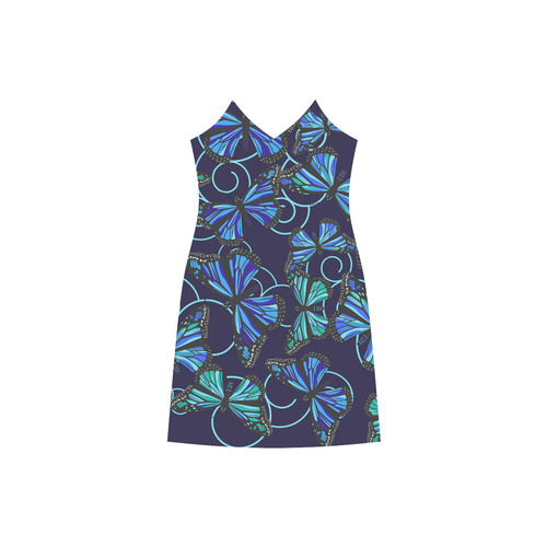 Butterfly Blues on Navy V-Neck Open Fork Long Dress(Model D18)