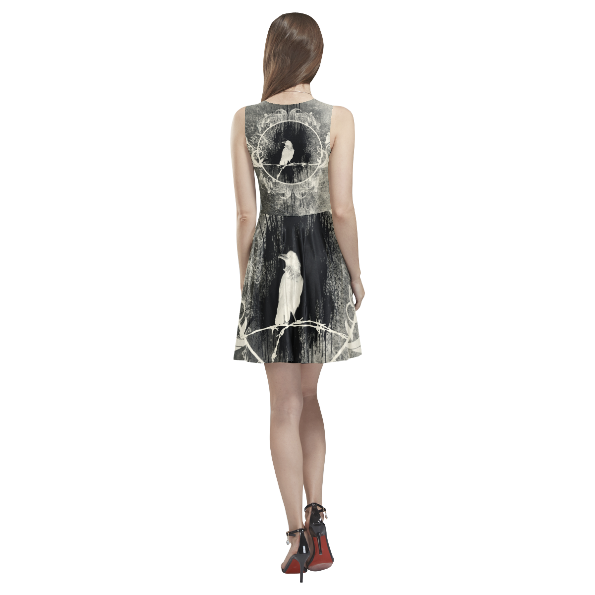 The crow with flowers, vintage design Thea Sleeveless Skater Dress(Model D19)