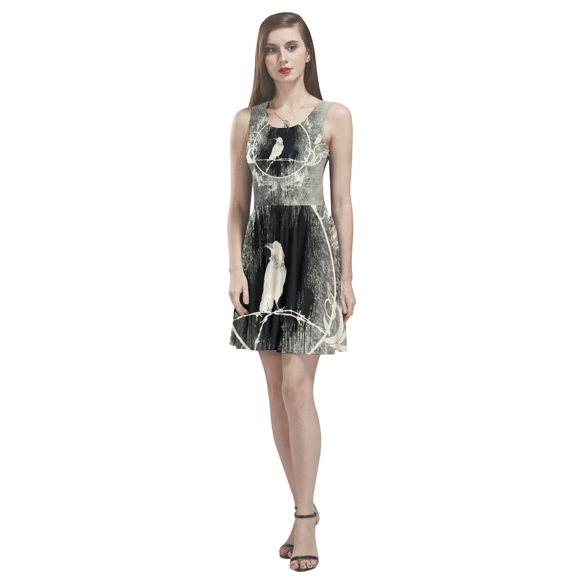 The crow with flowers, vintage design Thea Sleeveless Skater Dress(Model D19)