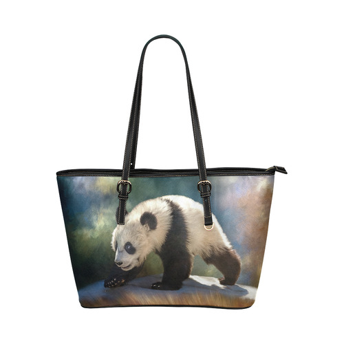 A cute painted panda bear baby. Leather Tote Bag/Small (Model 1651)