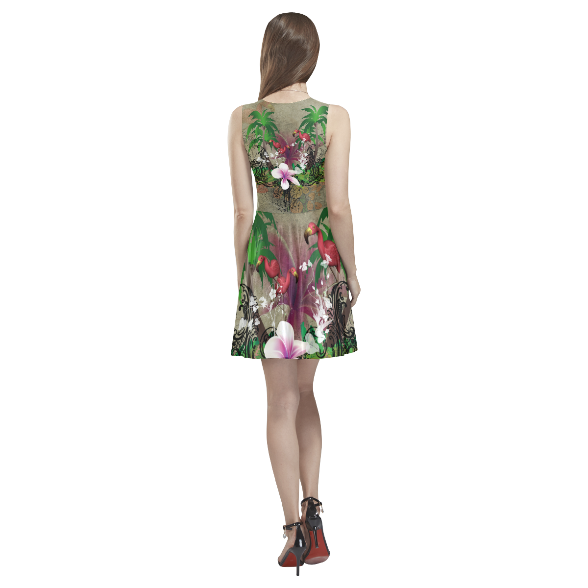Wonderful tropical design with flamingos Thea Sleeveless Skater Dress(Model D19)