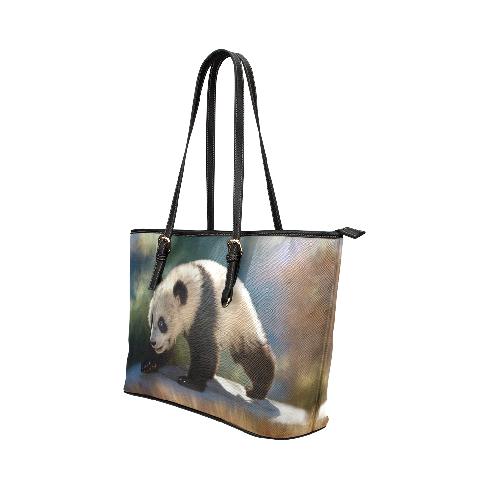 A cute painted panda bear baby. Leather Tote Bag/Small (Model 1651)