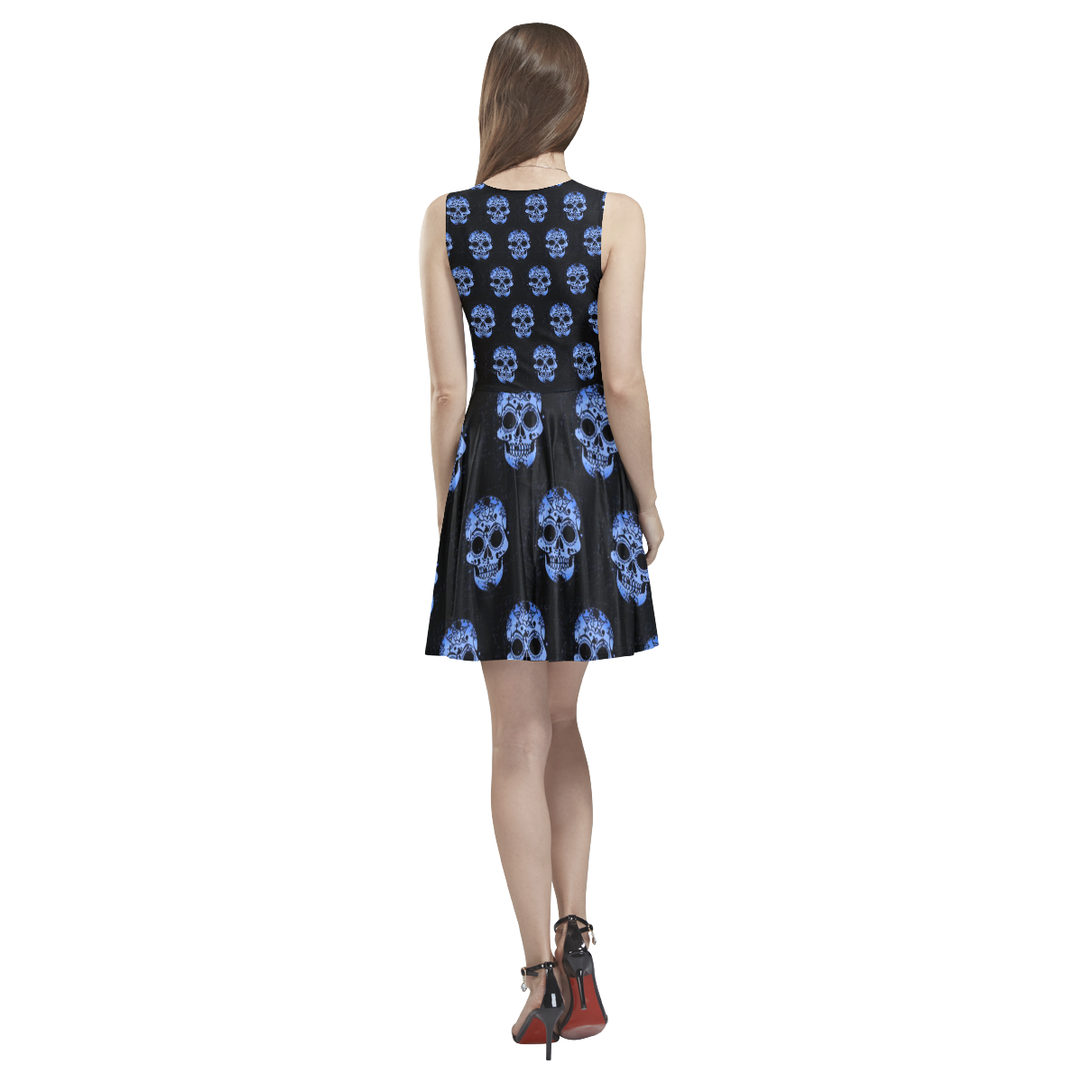 new skull allover pattern  04B by JamColors Thea Sleeveless Skater Dress(Model D19)