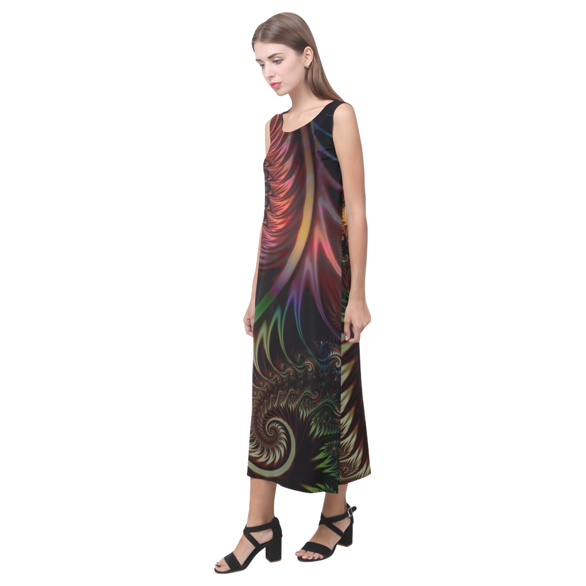 fractal pattern with dots and waves Phaedra Sleeveless Open Fork Long Dress (Model D08)