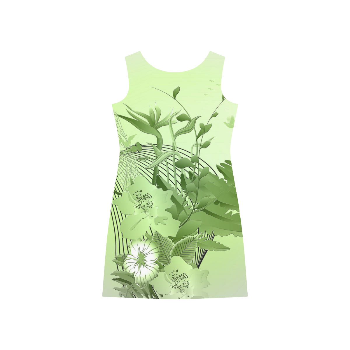 Soft green flowers with birds Rhea Loose Round Neck Dress(Model D22)
