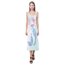 Tribal Mermaid on Aqua V-Neck Open Fork Long Dress(Model D18)
