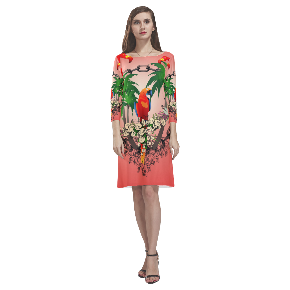 Funny parrot, tropical design Rhea Loose Round Neck Dress(Model D22)