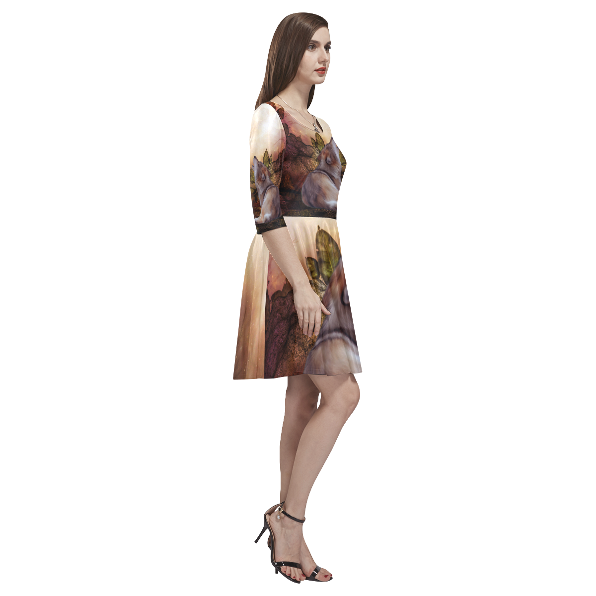 Beautiful wolf in the night Tethys Half-Sleeve Skater Dress(Model D20)