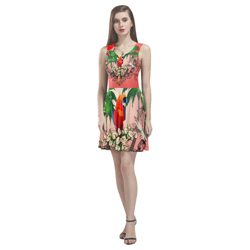 Funny parrot, tropical design Thea Sleeveless Skater Dress(Model D19)