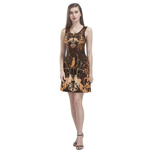 Floral design with crow Thea Sleeveless Skater Dress(Model D19)