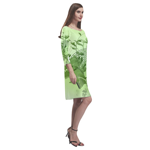 Soft green flowers with birds Rhea Loose Round Neck Dress(Model D22)