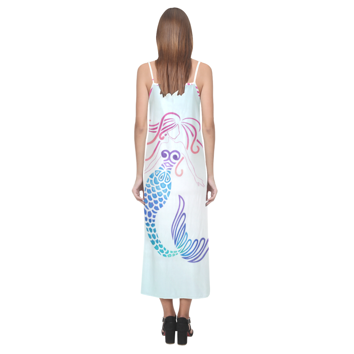 Tribal Mermaid on Aqua V-Neck Open Fork Long Dress(Model D18)