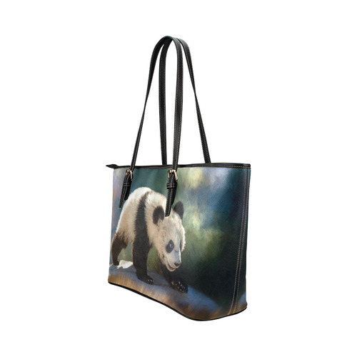A cute painted panda bear baby. Leather Tote Bag/Large (Model 1651)