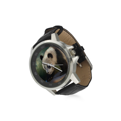 A cute painted panda bear baby Unisex Stainless Steel Leather Strap Watch(Model 202)