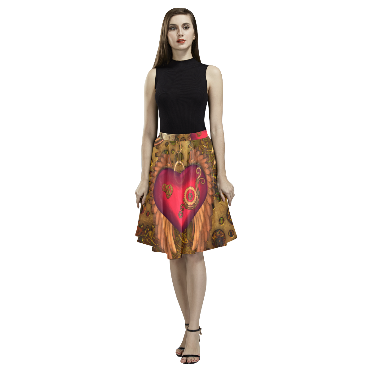 Steampunk, heart with wings Melete Pleated Midi Skirt (Model D15)