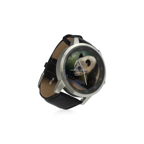 A cute painted panda bear baby Unisex Stainless Steel Leather Strap Watch(Model 202)