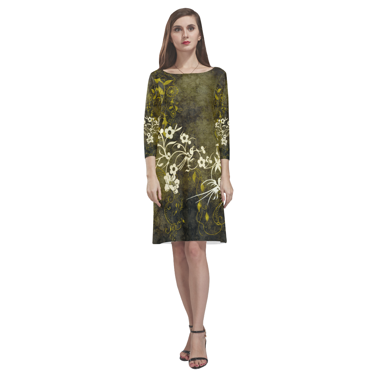 Flowers with birds, tribal Rhea Loose Round Neck Dress(Model D22)
