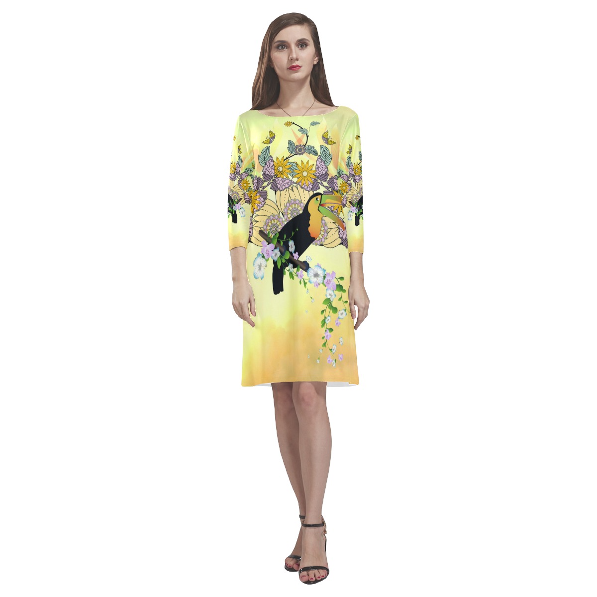 Toucan with flowers Rhea Loose Round Neck Dress(Model D22)