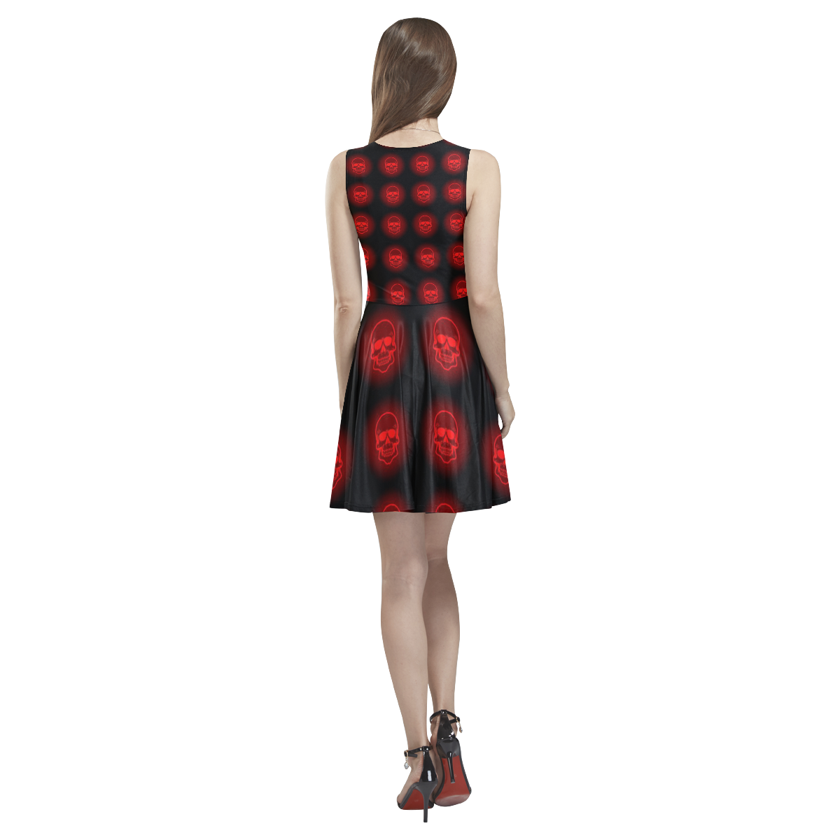 Bright Sugarskulls, red by JamColors Thea Sleeveless Skater Dress(Model D19)