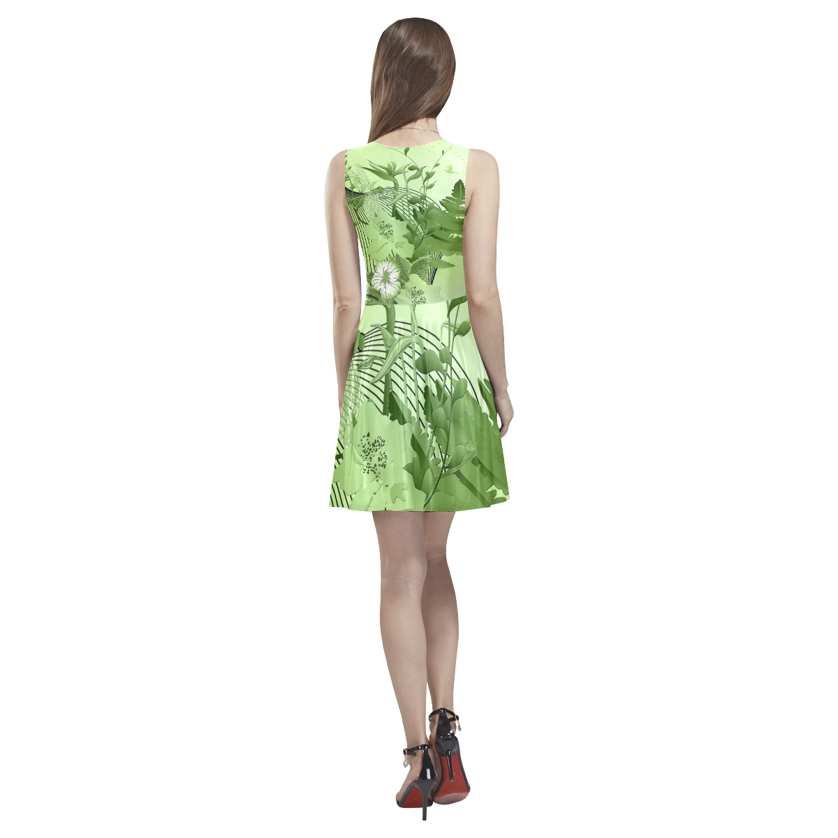 Soft green flowers with birds Thea Sleeveless Skater Dress(Model D19)