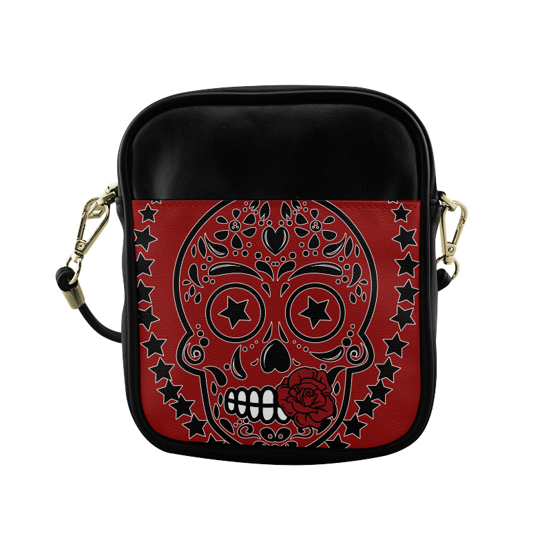 Sugar Skull Red Rose Black Sling Bag (Model 1627)