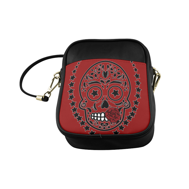 Sugar Skull Red Rose Black Sling Bag (Model 1627)