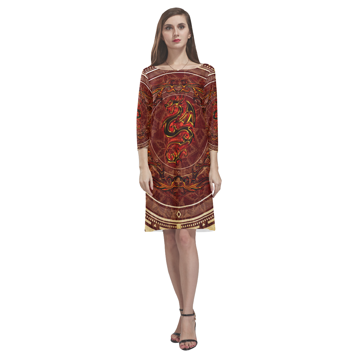 Awesome draogn, red colors Rhea Loose Round Neck Dress(Model D22)