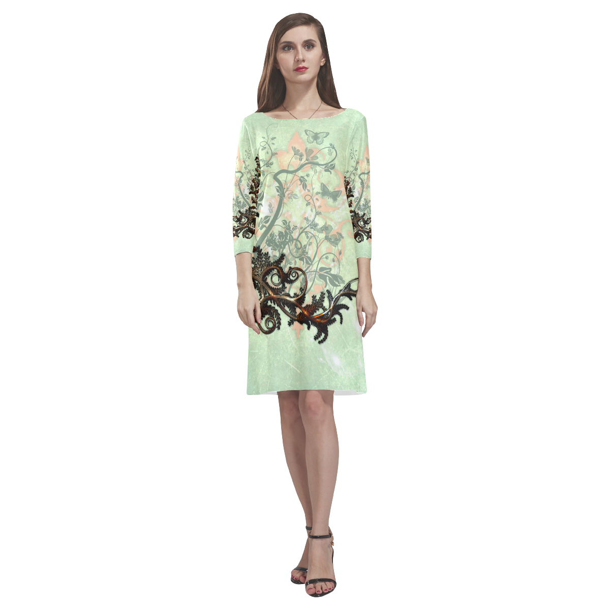 Flower power on soft green background Rhea Loose Round Neck Dress(Model D22)