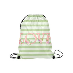 Green Stripes, Pink LOVE word, Pink Lilac Flowers Medium Drawstring Bag Model 1604 (Twin Sides) 13.8"(W) * 18.1"(H)