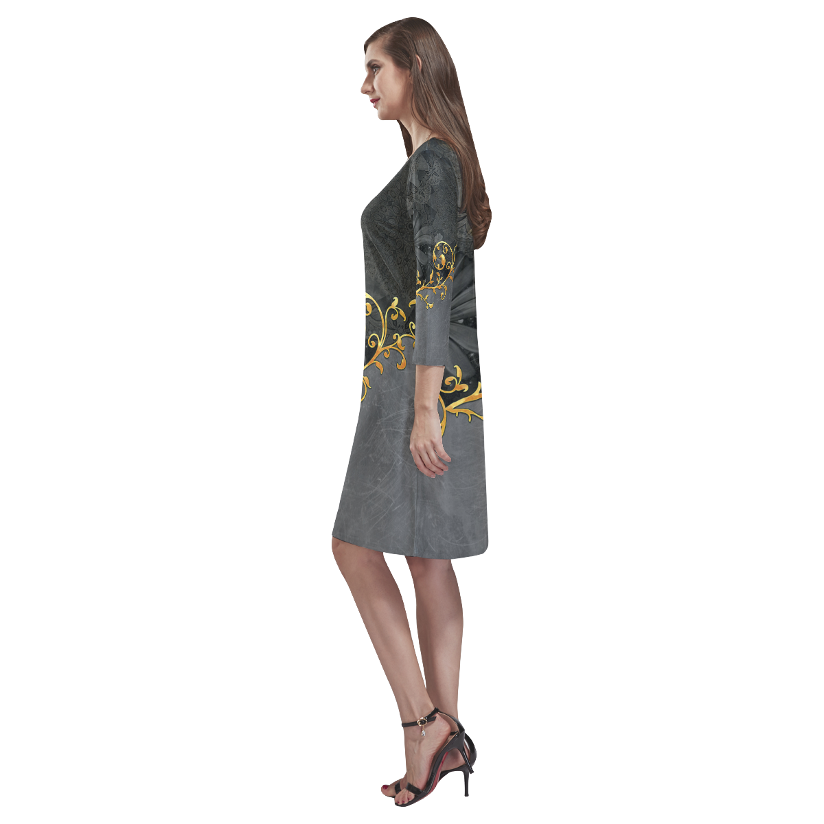 Vintage design in grey and gold Rhea Loose Round Neck Dress(Model D22)