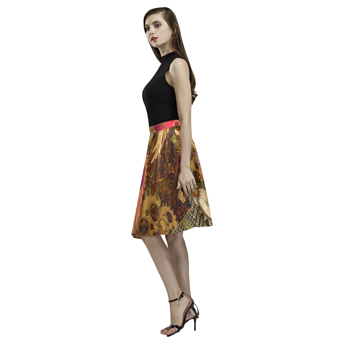 Steampunk, heart with wings Melete Pleated Midi Skirt (Model D15)