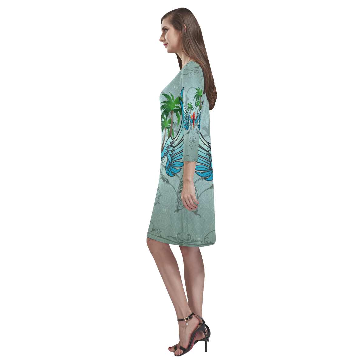 cute parrot with wings and palm Rhea Loose Round Neck Dress(Model D22)