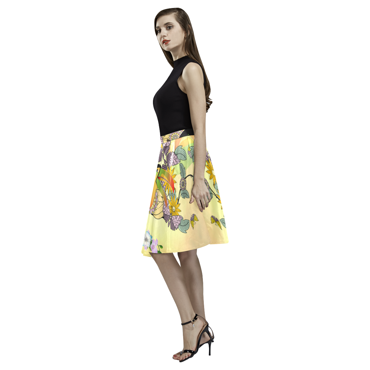 Toucan with flowers Melete Pleated Midi Skirt (Model D15)